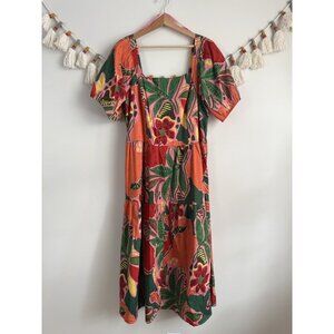 Crystal Sky Vibrant Multicolor Floral Puff Sleeve Smock Midi Dress Boho Beach 2x